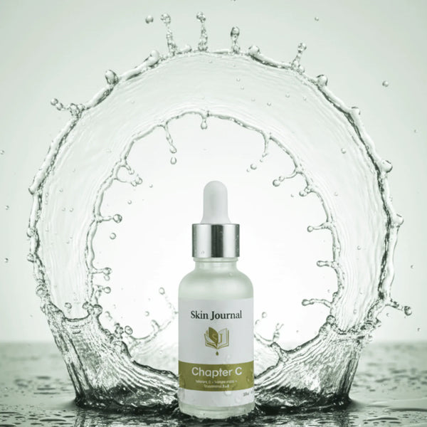 Skin Journal Chapter C serum bottle with dropper surrounded by water splash background